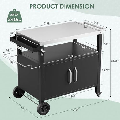 LIFERUN Outdoor Grill Cart with Stainless Steel Top, XL Outdoor Kitchen Island with Storage Cabinet, Prep Station with 2 Lockable Wheels and 4 Hooks for BBQ Food Prep & Outside Dining, 23" x 41"