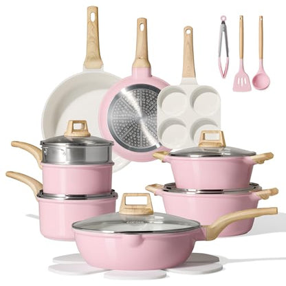 CAROTE 21 PCS Ceramic Cookware Set, Pots and Pans Set Non Stick, Pot and Pan Set with Frying pan, Induction Ready Cooking Set for Kitchen, PFOS/PFOA/PFAS Free, Pink
