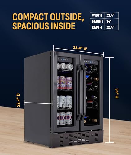 NewAir 24" Dual Zone Beverage Refrigerator & Wine Cooler for 18 Bottles & 58 Cans | Freestanding or Built-In Under Counter Mini Fridge for Beer, Wine and Soda | Black Stainless Steel