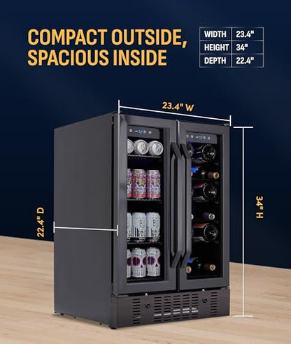 NewAir 24" Dual Zone Beverage Refrigerator & Wine Cooler for 18 Bottles & 58 Cans | Freestanding or Built-In Under Counter Mini Fridge for Beer, Wine and Soda | Black Stainless Steel