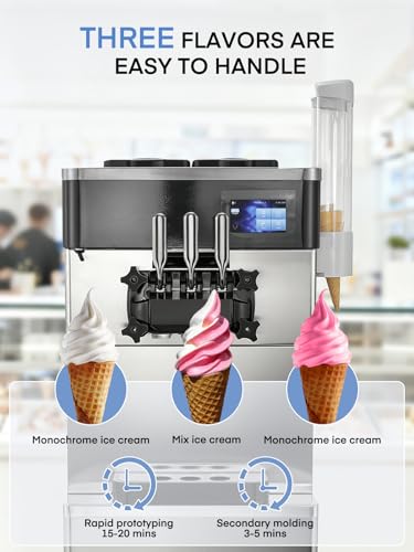 Commercial Ice Cream Machine 5.8-7.9 Gal/h, 3 Flavors Soft Serve Ice Cream Machine with 14L Hopper, Auto Clean Ice Cream Maker With Touch LCD Panel for Snack Restaurants Bars, 2200W
