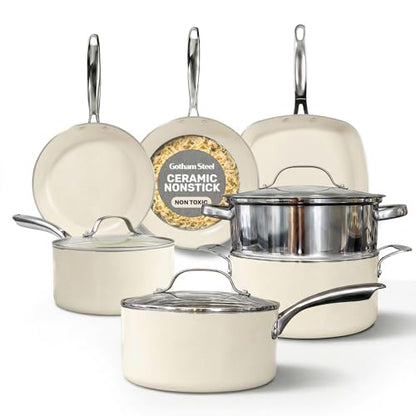 Gotham Steel 12 Pc Ceramic Cookware Set Nonstick, Ceramic Pots and Pans Set Non Stick with Steamer for Cooking, Non Toxic PFOA PFOS Free, Premium Stay Cool Handles, Oven & Dishwasher Safe