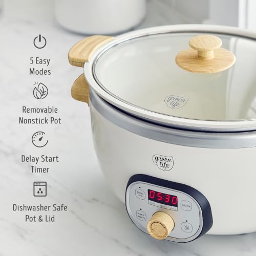 GreenLife 6QT Slow Cooker, Non-Toxic PFAS-Free Ceramic Nonstick Removable Interior Bowl, Programmable, Family Friendly, Keep Warm, Stovetop & Oven Safe, Dishwasher Safe Crock, Timer, Glass Lid, Cream