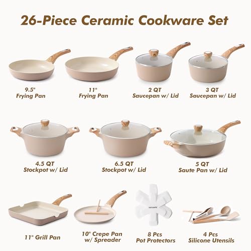 SENSARTE Ceramic Cookware Sets, Pots and Pans Set Non stick, Non toxic Healthy Induction Cookware, 26 Pcs Nonstick Kitchen Cooking Set, w/Frying Pans Set, Saucepans Set