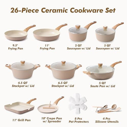 SENSARTE Ceramic Cookware Sets, Pots and Pans Set Non stick, Non toxic Healthy Induction Cookware, 26 Pcs Nonstick Kitchen Cooking Set, w/Frying Pans Set, Saucepans Set