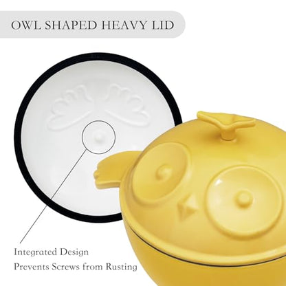 Flavehc Owl Shaped Cast Iron Dutch Oven with Lid 3 qt Enameled Dutch Oven for Bread Baking,Yellow