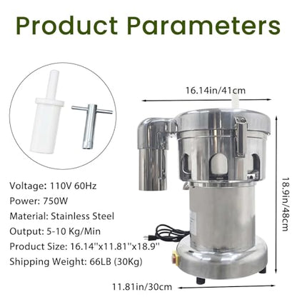 JARYANNIX Commercial Juicer Machines Vegetable and Fruit, Auto Juice & Residue Separated, Heavy Duty Juice Press with Push Rod, Stainless Steel Fruit Juicer, 661.4-1322.8 lbs/Hr Capacity
