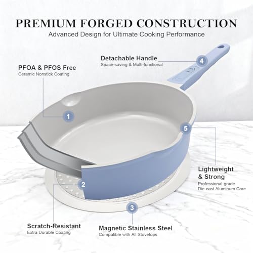 AIKENBBKK Ceramic Frying Pan Skillet with Lid, 12 inch Nonstick Deep Frying Pan for Cooking, 5 QT Large Saute Pan with Detachable Handle, Induction Ready, PTFE & PFAS-Free, Oven Safe, Blue