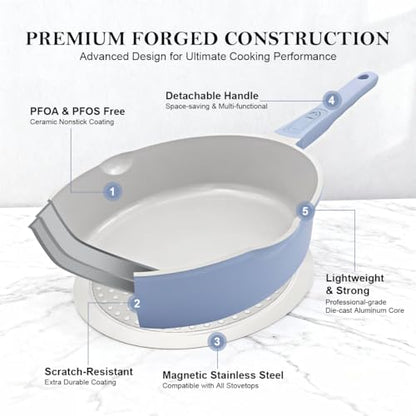AIKENBBKK Ceramic Frying Pan Skillet with Lid, 12 inch Nonstick Deep Frying Pan for Cooking, 5 QT Large Saute Pan with Detachable Handle, Induction Ready, PTFE & PFAS-Free, Oven Safe, Blue