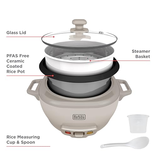 BLACK+DECKER 6-Cup Cooked (3 Cups Uncooked) Rice Cooker, Steaming Basket, Removable Nonstick Bowl, One-Touch Operation, Baked Stone