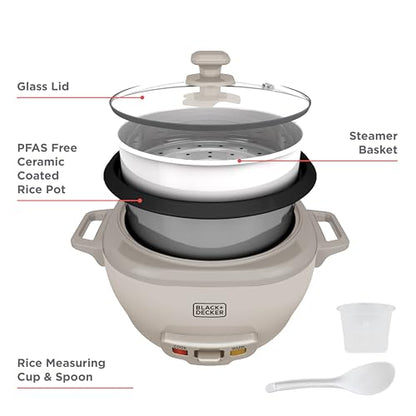 BLACK+DECKER 6-Cup Cooked (3 Cups Uncooked) Rice Cooker, Steaming Basket, Removable Nonstick Bowl, One-Touch Operation, Baked Stone