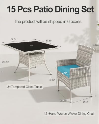 15-Piece Patio Dining Set, 3 Tempered Glass Tables & 12 Wicker Chairs