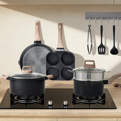 Sweetcrispy Pots and Pans Set, 25 Pcs Nonstick Kitchen Cookware Set, Induction Kitchen Cooking Set, Non-Toxic Frying Pans & Saucepans (PFOA/PFOS Free) Black