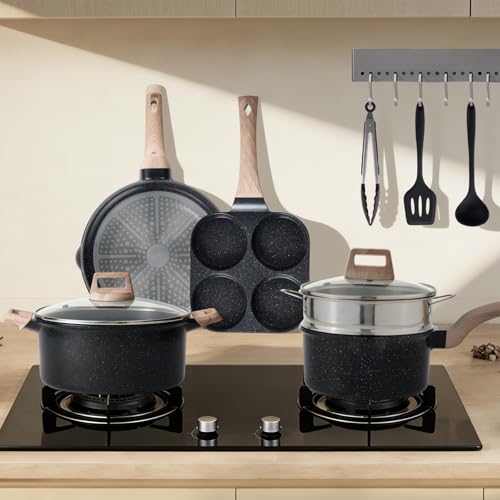 NEWBULIG 25-Piece Nonstick Cookware Set, Granite Pots and Pans with Lids, Induction Compatible Nonstick Cooking Set with Frying Pans & Saucepans, Black