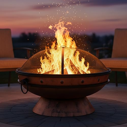 Sunnydaze 30-Inch Large Outdoor Fire Pit - Wood Burning Fire Pit for Outside with Poker and Screen - Copper Finish - Royal Cauldron