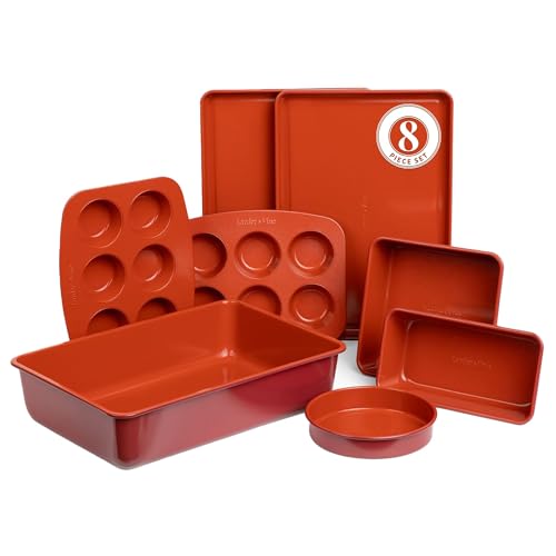Larder & Vine 8-Piece Bakeware Set | Non-Stick Baking Set with Ceramic Finish | PFAS, PFOA, PTFE, and BPA Free Baking Essentials | Baking Sheets, Muffin Tins and Assorted Baking Pans | Cabernet