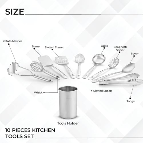 Avador® Premium Set of 10 Stainless Steel Kitchen Tool Set with Holder Easy To Clean, Space Saving, Great for Cooking, Baking, Prepping