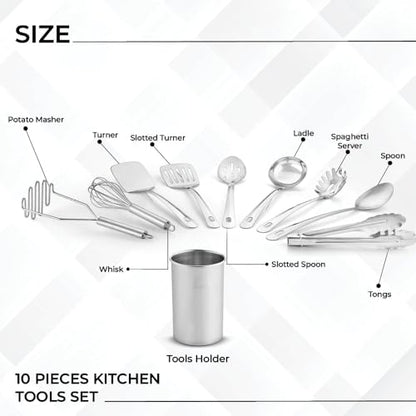 Avador® Premium Set of 10 Stainless Steel Kitchen Tool Set with Holder Easy To Clean, Space Saving, Great for Cooking, Baking, Prepping
