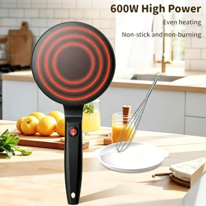 Handheld Electric Crepe Maker Machine, 8" Portable Nonstick Crepe Pan with Batter Bowl & Mixer, Nonstick dipping plate with on/off switch, Quick Heat-Up & Even Heating, Easy to Clean, for Home