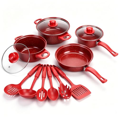 Non-Stick Cookware Set, 13 Piece Set Portable Lightweight Cast Iron Pots and Pans with Glass Lids and Nylon Utensils for Outdoor Camping Picnic Travel Cookware Red