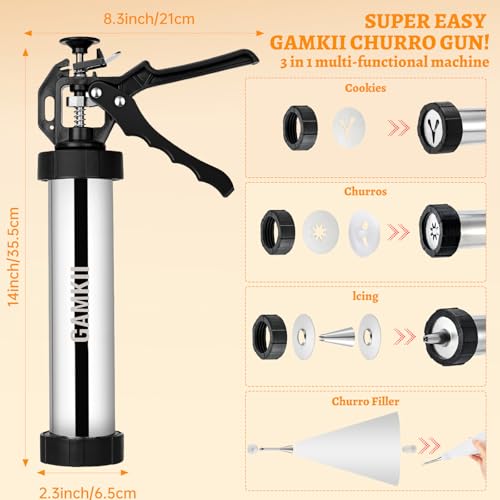 GAMKII Churro Maker Machine Stailness Steel Churrro Gun Kit with 4 Discs for Hollow Churro,5 Cookies Discs, 6 Icing Piping Nozzle, Piping Bag, 2 Clean Brushes for Cake Dessert DIY Maker Cookie Press