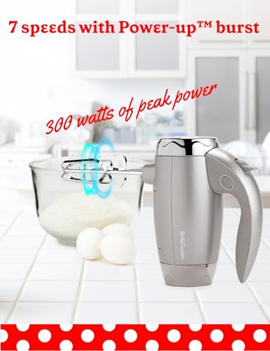 BETTY CROCKER Hand Blender 7 Speed, 250 Watt Electric Mixer with Beaters and Dough Hooks, Ergonomic Electric Hand Mixer for Home & Kitchen with Stand and Soft Touch Handle, Silver