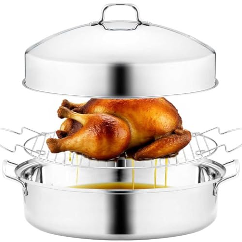 RIDGEPOLE 22” Large Roasting Pan with Rack and Lid, Stainless Steel Oval Roaster Pan, Nonstick Roasting Pan for Oven, Multi-Use Cookware for Turkey, Chicken, Gifts for Mom, Wife.(Sliver)
