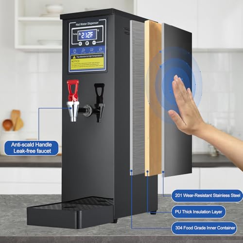 Hot Water Dispenser Commercial Water Boiler Countertop Hot Water Machine Stainless Steel Step-heating Temperature Control 86-212°F for Boba Tea Coffee Office Restaurant 1600W, 30L(8GAL)/Hour, Black