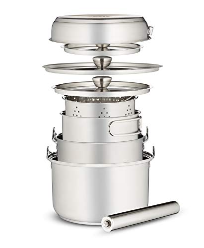 Camping Cookware Set 304 Stainless Steel 8-Piece Pots & Pans Open Fire Cooking Kit | Frying Pan Steamer with Travel Tote Bag | Compact For Outdoors & Indoors Kitchen Campfire Hiking RV