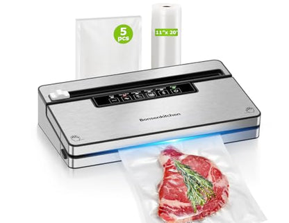 Bonsenkitchen Vacuum Sealer Machine, Stainless Steel Food Sealer Vacuum Sealers with 1 Roll & 5 Bags, 5 Food Vacuum Modes, Built-in Cutter & Bag Storage (Silver Black)