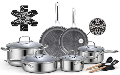 Ammeloo 17 Pcs Nonstick Stainless Steel Cookware Set, Hybrid Stainless Steel Pots and Pans Set Non Stick, Non Toxic Kitchen Cookware Sets, Dishwasher & Oven Safe, Induction & All Cooktop Compatible