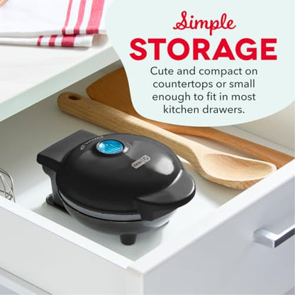 Dash Mini Waffle Maker with Ceramic Nonstick Cooking Surface, 4 Inch Small Waffle Iron, Single Serve, Easy to Clean, Compact Breakfast Maker for Kids & Families, Black