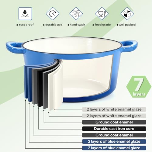 HaSteeL 6 Quart Cast Iron Dutch Oven, Pre-seasoned Enamel Cooking Stock Pot with Lid, Non-stick Round Cookware for Sourdough Bread Baking Roasting Stewing Braising Frying, Heavy Duty & Oven Safe(Blue)