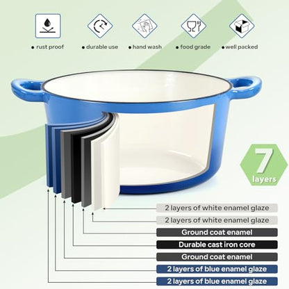 HaSteeL 6 Quart Cast Iron Dutch Oven, Pre-seasoned Enamel Cooking Stock Pot with Lid, Non-stick Round Cookware for Sourdough Bread Baking Roasting Stewing Braising Frying, Heavy Duty & Oven Safe(Blue)