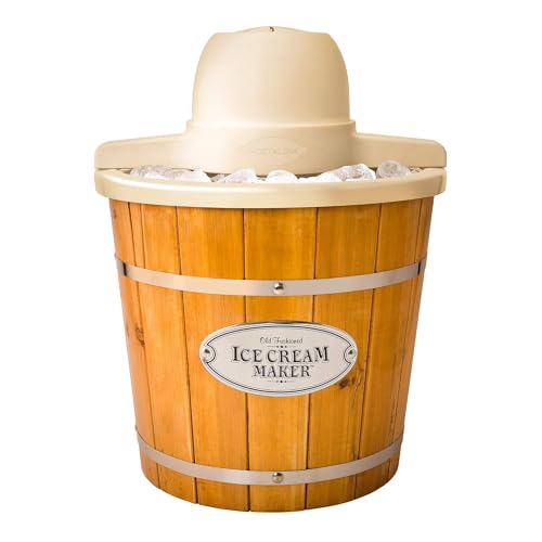 Nostalgia Electric Ice Cream Maker With 4 Qt Capacity- Old Fashioned Ice Cream Machine Makes Frozen Yogurt or Gelato in Minutes- Vintage Wooden Style Ice Cream Maker with Aluminum Canister- Light Wood