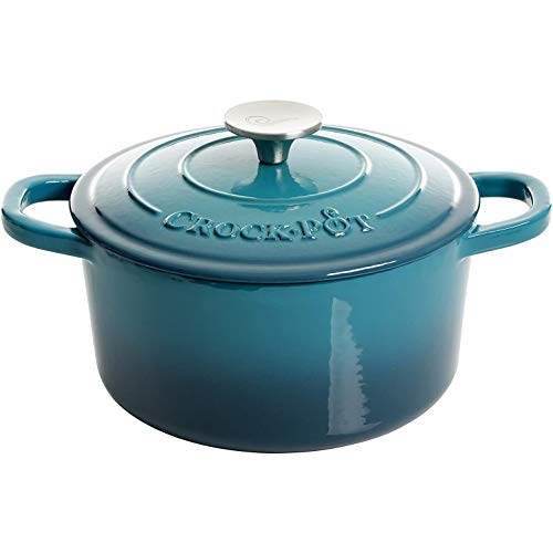 Crock-Pot Artisan 3-Quart Round Enameled Cast Iron Dutch Oven – Gradient Teal, Durable Heavy-Duty Cookware for Slow Cooking, Roasting, Baking with Lid