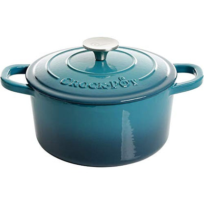 Crock-Pot Artisan 3-Quart Round Enameled Cast Iron Dutch Oven – Gradient Teal, Durable Heavy-Duty Cookware for Slow Cooking, Roasting, Baking with Lid