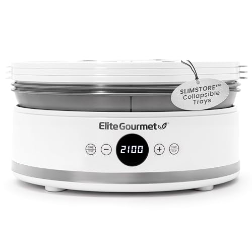 Elite Gourmet EFD329WD Digital Food Dehydrator with 5 BPA Free SlimStore™ Collapsible Trays for Compact Storage, Adjustable Timer and Temperature Controls, Jerky, Herbs, Fruit, Veggies, Snacks, White