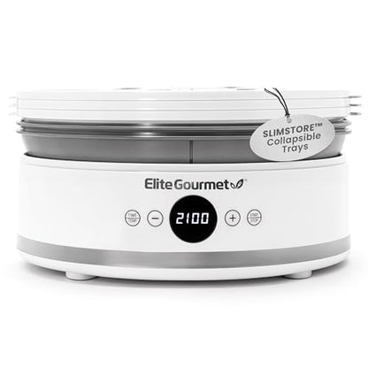 Elite Gourmet EFD329WD Digital Food Dehydrator with 5 BPA Free SlimStore™ Collapsible Trays for Compact Storage, Adjustable Timer and Temperature Controls, Jerky, Herbs, Fruit, Veggies, Snacks, White