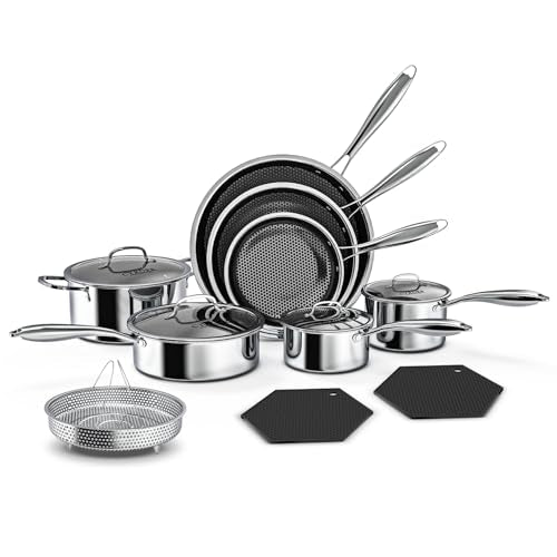 Nonstick Pots and Pans Set, 14 Piece Hybrid Hex Non Stick Stainless Steel Cookware with Frying Pans, Saute Pan, Saucepans & Stock Pot - Induction Compatible, Dishwasher &Oven Safe, PFOA Free