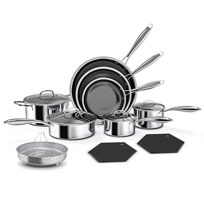 Nonstick Pots and Pans Set, 14 Piece Hybrid Hex Non Stick Stainless Steel Cookware with Frying Pans, Saute Pan, Saucepans & Stock Pot - Induction Compatible, Dishwasher &Oven Safe, PFOA Free