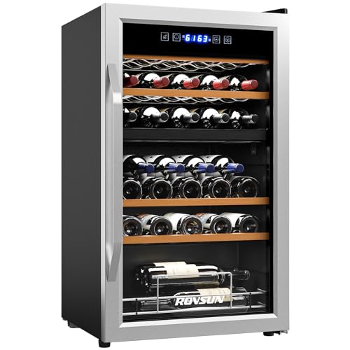 ROVSUN 33 Bottle Wine Fridge, Dual Zone Wine and Beverage Refrigerator with Independent Temp & LED Control Panel, Freestanding Wine Cooler Chiller for Red White Wine, Champagne, Beer
