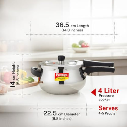Prestige Deluxe Alpha Svachh Stainless Steel Pressure Cooker with Alpha Base and Deep Lid for Spillage Control, (4.0 L Junior Handi)