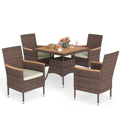 Wisteria Lane 10-Pieces Outdoor Patio Table and Chairs, Rattan Patio Table Set with Acacia Wood Tabletop, Patio Dining Furniture Set for 8 with Removable Cushions for Deck Garden Backyard, Brown