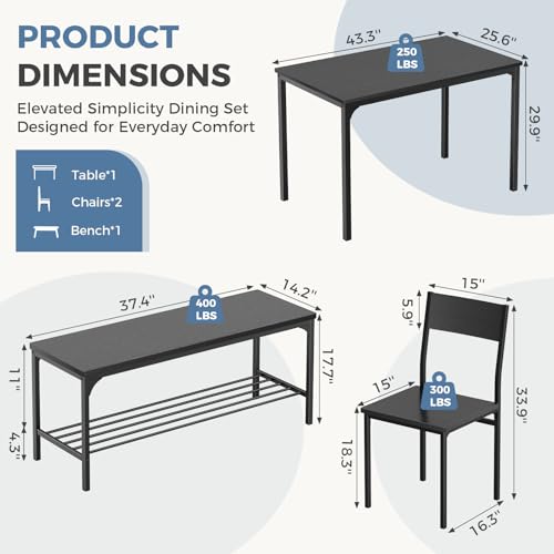 DUMOS Dining Table Set, Dining Table for 4 with Bench, Kitchen Table, Space-Saving Ideal 4-Person Set for Dining Room Kitchen Apartment Corner Black 4 Pack