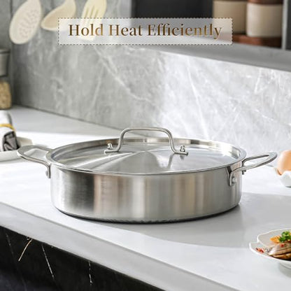 DELARLO 8 Quart Tri-Ply Stainless Steel Non Stick Braiser Pan with Lid, 13 Inch Deep Frying Pan, Large Saute Pan, Jumbo Cooker, Induction Compatible, Heavy Duty and Oven Safe