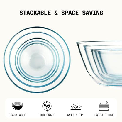 5pc Glass Mixing Bowls Sets (4.65QT, 2.80QT, 1.64QT, 1.16QT, 0.85QT), Glass Nesting Kitchen Thick Bowl for Baking, Cooking Prep, Storage, Large Salad Bowls Sets-Dishwasher Microwave Freezer Safe