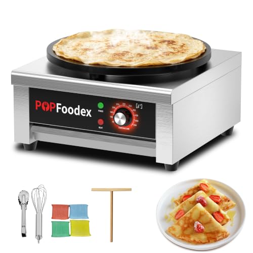 Popfoodex Commercial Crepe Maker - Independent Temperature Control, 1500W Electric Crepe Machine, 16 Inch Pancake Making Machine w/Nonstick Stainless Steel Plate, for Commercial Kitchen Use