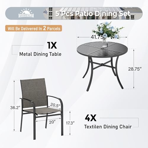 SUNSHINE VALLEY 5 Piece Patio Dining Set for 4, 42" x 42" Round Metal Table with Umbrella Hole and 4 Brown Chairs, Outdoor Table and Chairs Set for Lawn Backyard and Deck