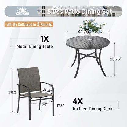 SUNSHINE VALLEY 5 Piece Patio Dining Set for 4, 42" x 42" Round Metal Table with Umbrella Hole and 4 Brown Chairs, Outdoor Table and Chairs Set for Lawn Backyard and Deck